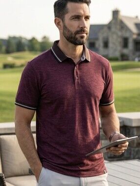 Leg3nd Golf Mens Large Burgundy Heather Performance Stretch Short Sleeve Polo